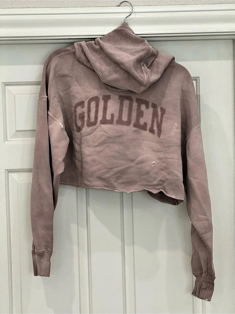 Golden Goose Star Distressed Oversize Cotton Crop Hoodie Crop Hoodie Pink